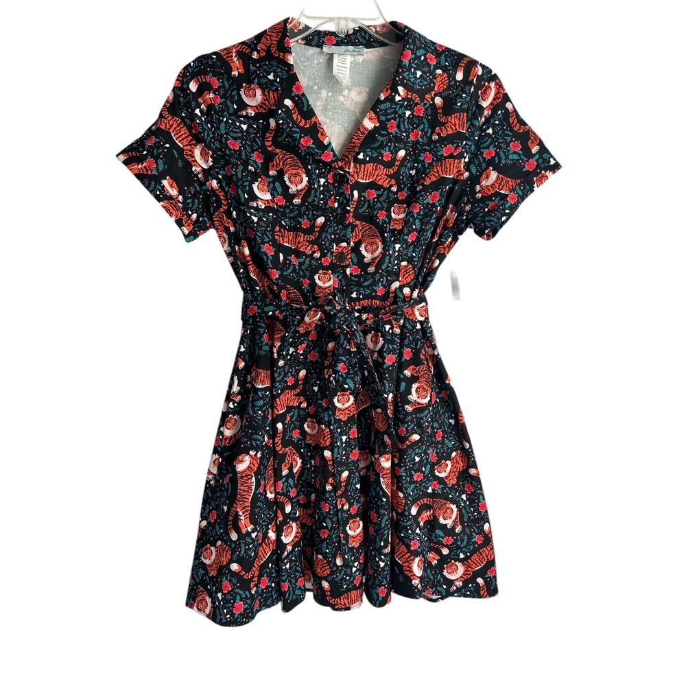 Eva Rose Women’s XL Cotton Blend Tiger Flower Field Knee-Length Shirtwaist Dress